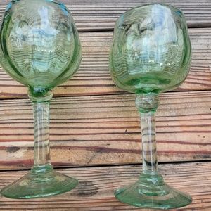 Set of 2 Green Hand Blown Artisan Wine Glasses. Like new condition.
